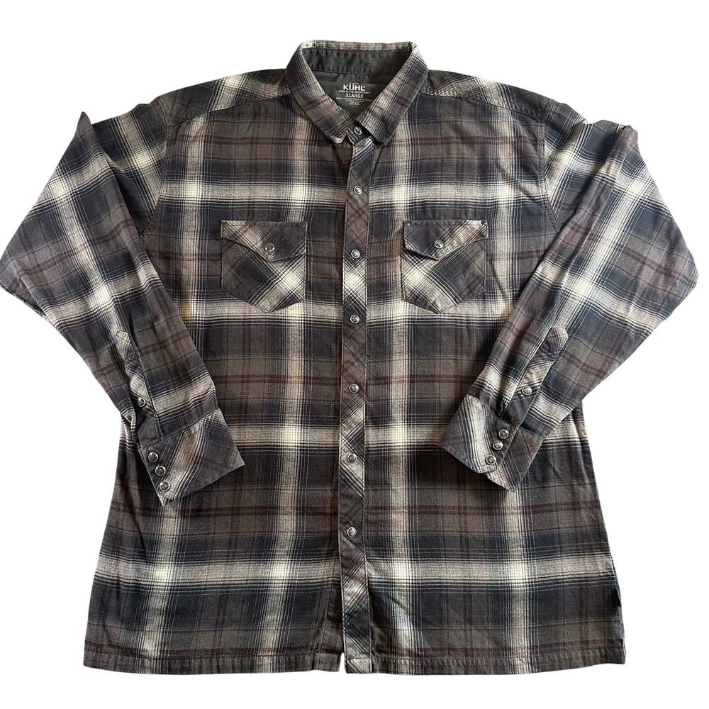 Kuhl Men's XL Brown Red Plaid Snap Pearl Button Down Flannel Shirt Style 7210